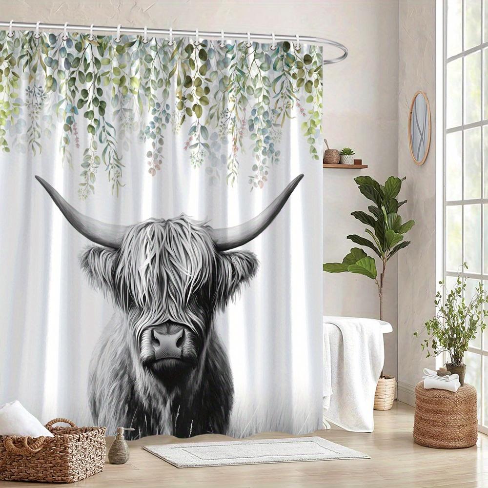 Charming Highland Cow 3D Shower Curtain - Rustic Animal & Greenery Theme for Bathroom Decor, Adds Nature's Touch