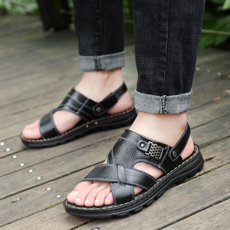 New Summer Top Layer Cowhide Sandals Men's Leather Breathable Beach Shoes Trendy Casual Leather Sandals and Slippers