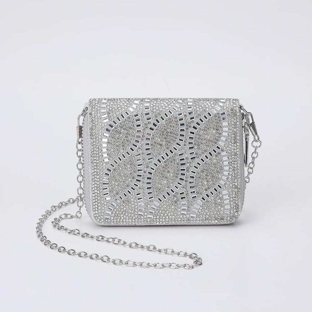 Wallet on a chain mini bag Crystal with a Greek pattern silver