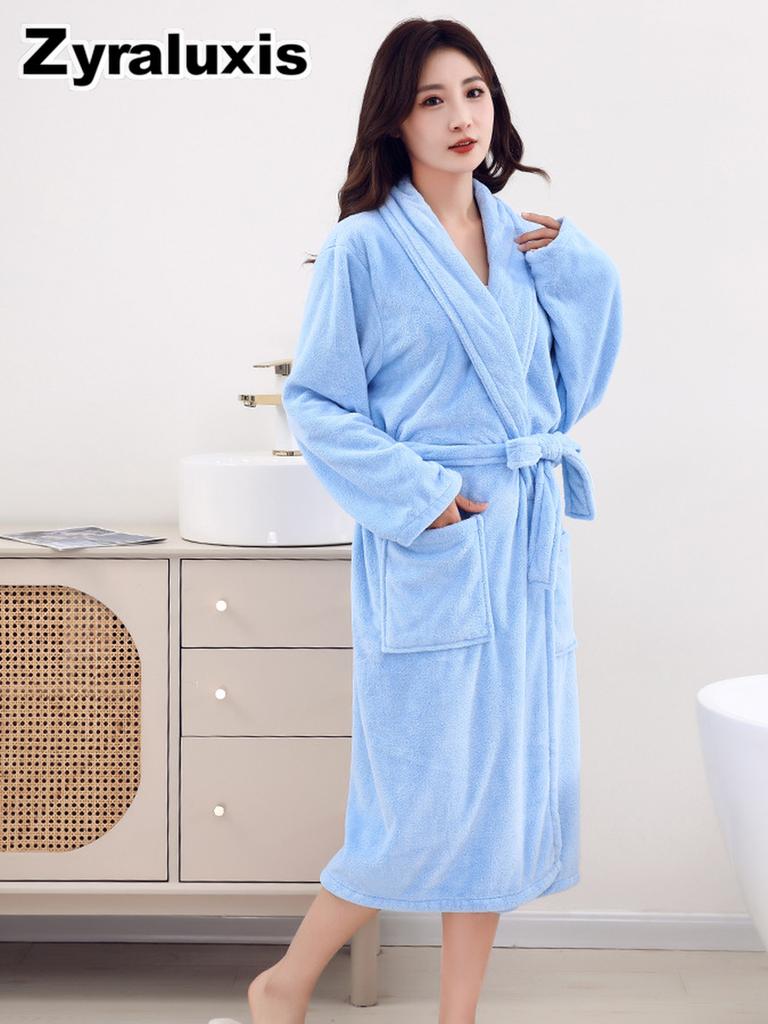 Women's Ultra-Soft Coral Fleece Bathrobe with Warm Sherpa Lining for Winter Daily Wear