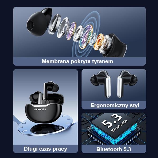 Słuchawki Bluetooth 5.3 AWEI T50 TWS z stacją dokującą Czarne