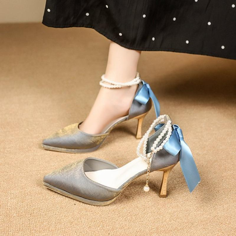 Fashion Women's Sandals Summer New Pointy Matte Ribbon Beaded Heels Fashion Temperament Skinny Heels Wedding Party Single Shoes