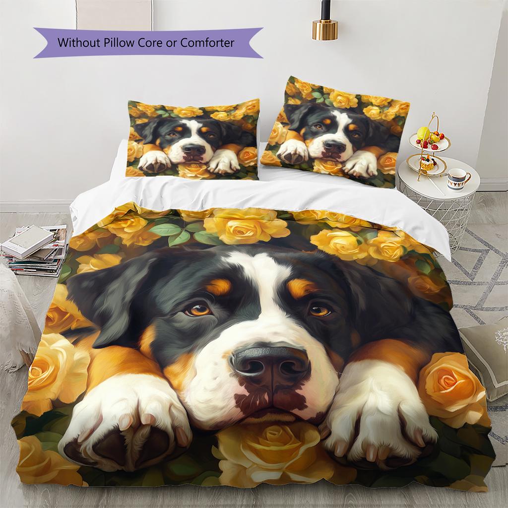 Bernese Mountain Dog and Rose Pattern Bedding Home Decoration Birthday Gift (1 * duvet cover + 2 * pillowcase, without core)