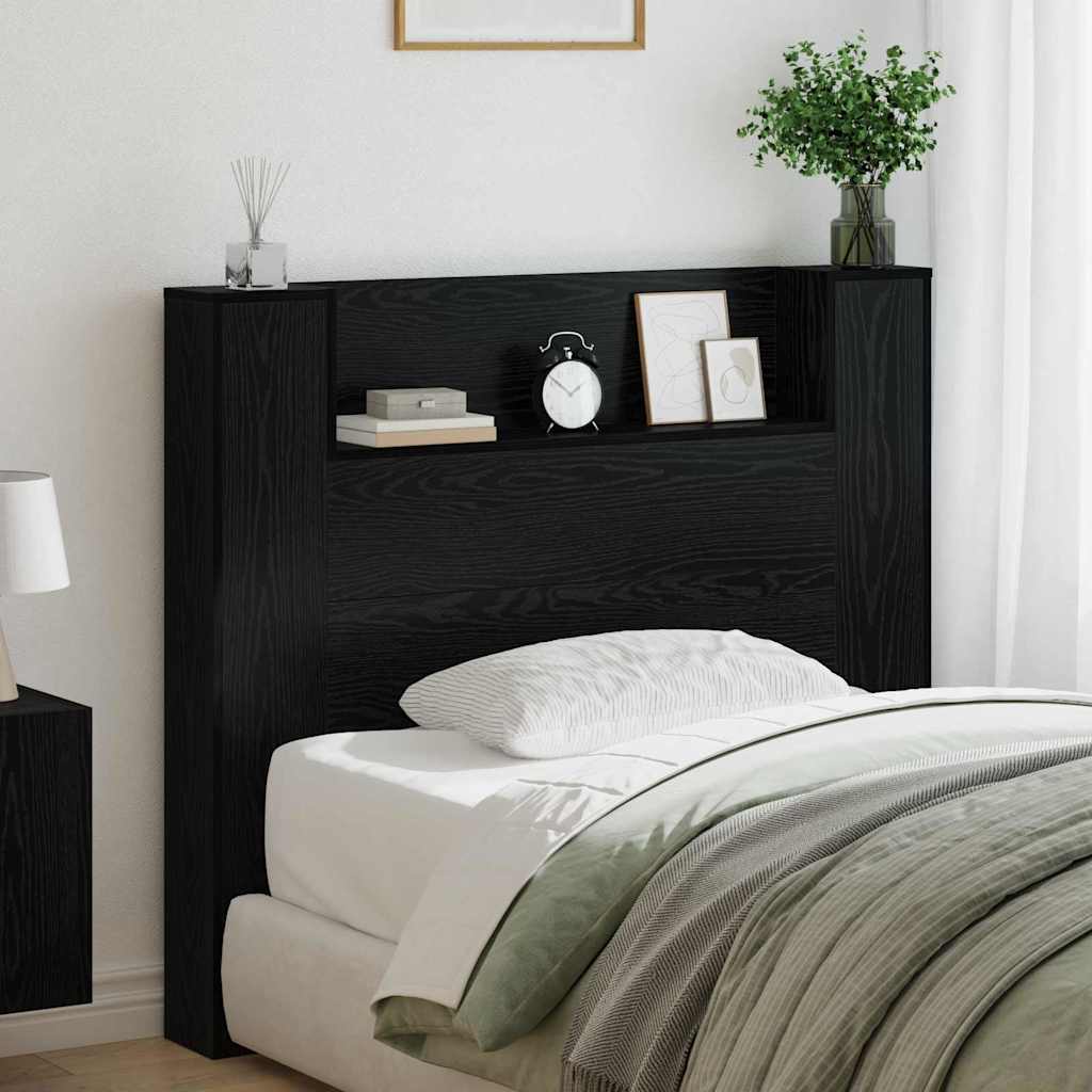 Storage Headboard with LED Black Oak Wood Based Material