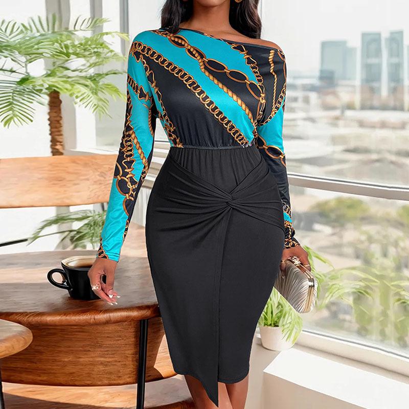 

Женская мода весна осень с длинным рукавом на одно плечо и высокой талией повседневные платья XL чёрный