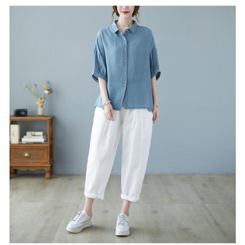 Sommar Dam Litterär Bomull Linneskjorta Plus Size Lös Enfärgad Kortärmad Toppar