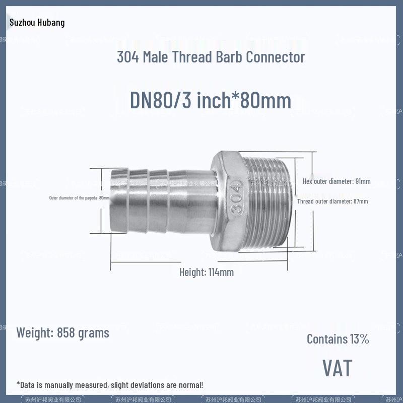 1" Hexagonal Barb Connector, 304 Stainless Steel for Water Pipe Hose, 316 Male Thread Plug