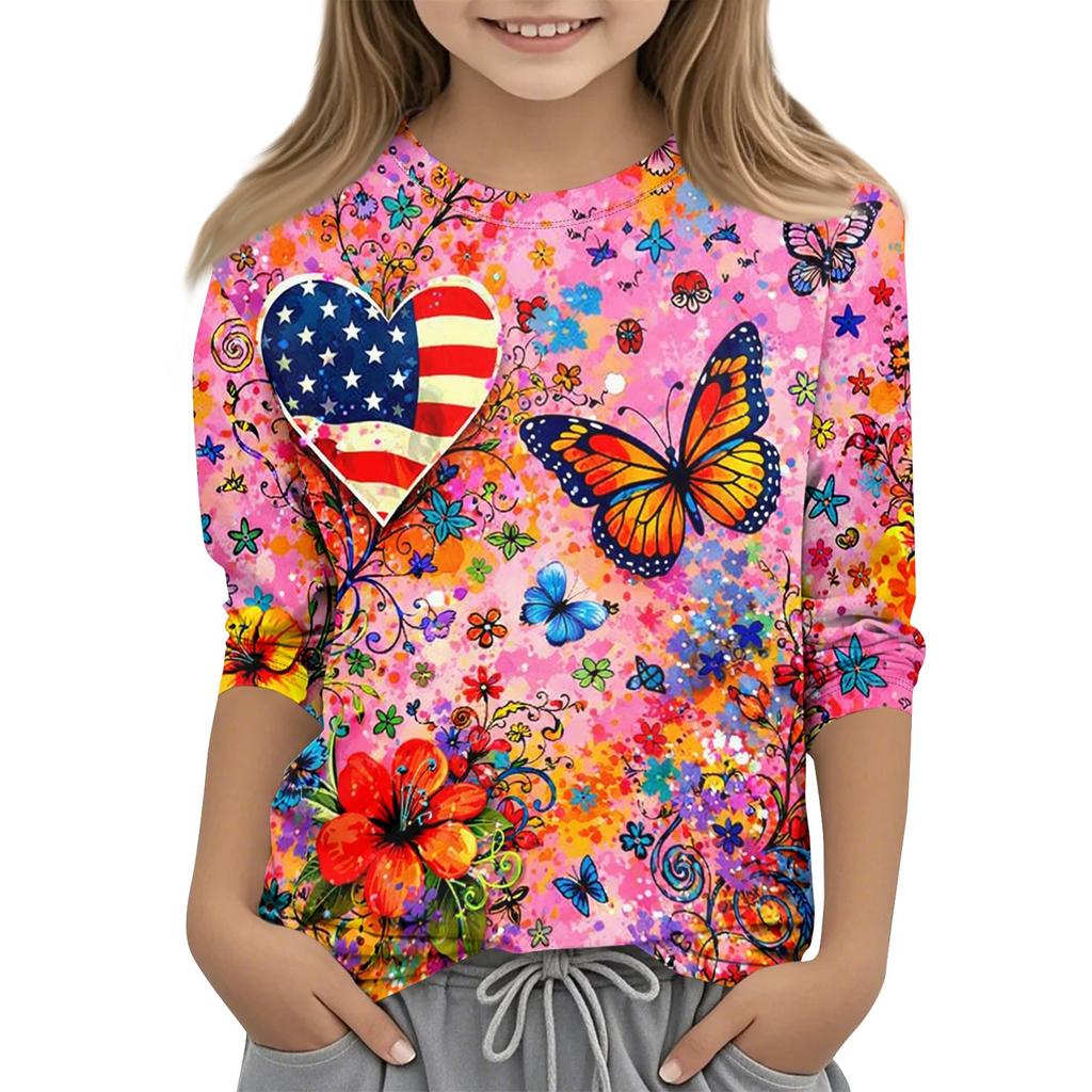 Children's Independence Day Printed Round Neck Seven Quarter Sleeve Casual T-shirt