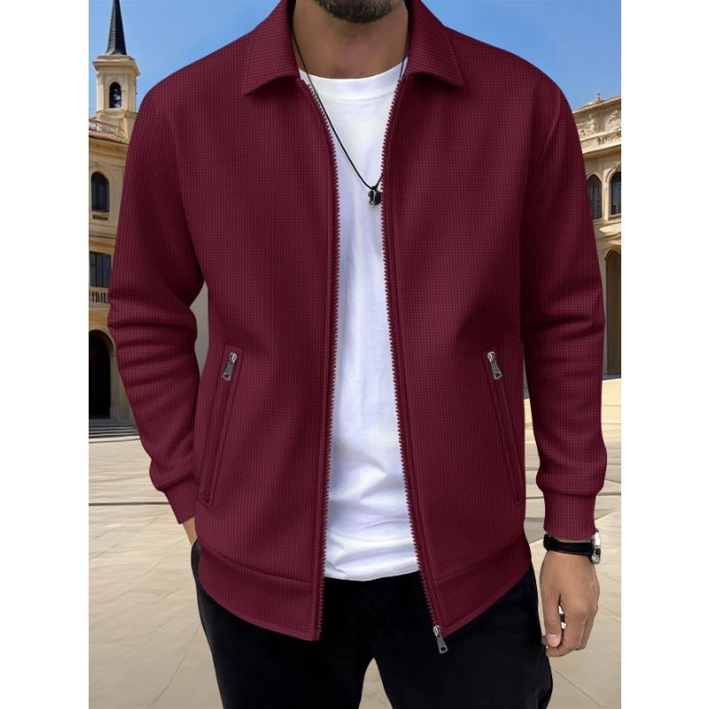 Men S Waffle Solid Color Lapel Zip Up Jacket