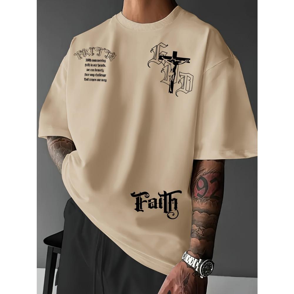 Summer Fashion Men's Gothic Letter Cross Print Round Neck T-shirt Outdoor Street Style Tees Top
