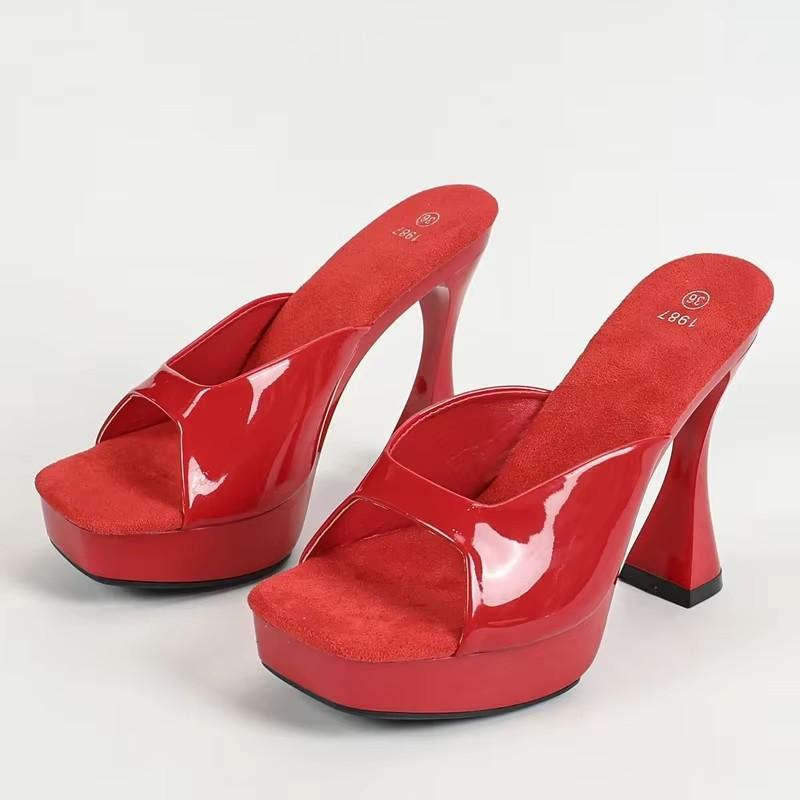 

Новые летние дизайнерские женские тапочки из лакированной кожи с квадратным носком, элегантные женские сандалии на платформе и каблуке 40 красный