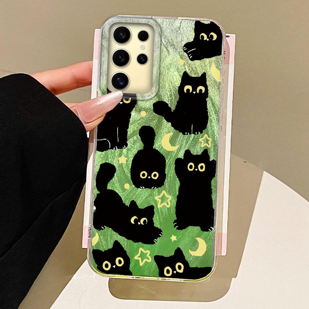 Cute Moon Black Cat Phone Case for Samsung Galaxy S25 S24 S23 S22 S21 FE Plus Ultra S25+ S24+ Back Silicone Shell Soft TPU Cover