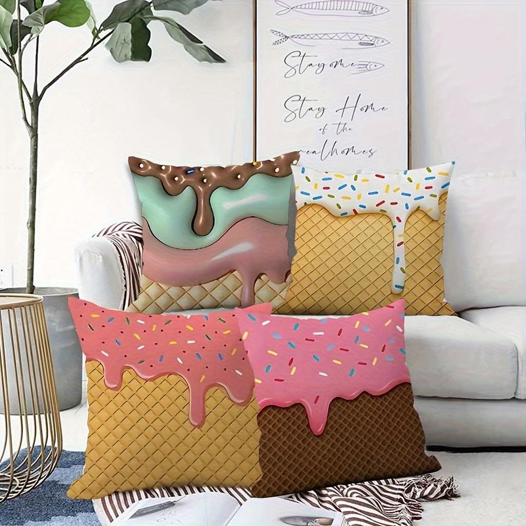 4pcs Modern Style Cartoon Ice Cream Pillowcase - Melting Ice Cream Pattern Design, 100% Polyester, Machine Washable, Zipper Closure, Multiple Sizes, S