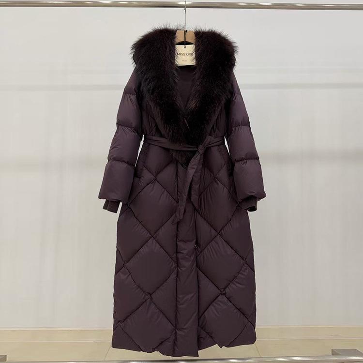 European winter new raccoon fur collar long down jacket women's knee waist thickened warm and thin jacket