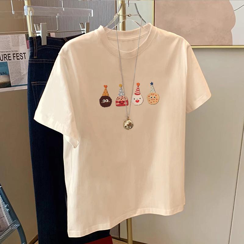 

2025 лето новая абрикосовая футболка с коротким рукавом женская свободная и универсальная футболка с мультяшным принтом топ из чистого хлопка S