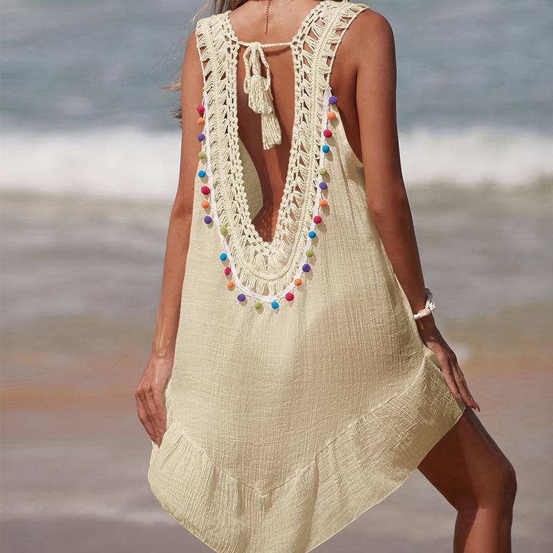 Colorful Ruffle V-Neck Crocheted Patchwork Bikini Cover-Up Skirt