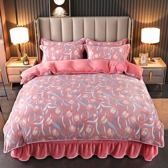 Light luxury high-end thickened milk fleece four-piece set, winter warm quilt cover, double-sided coral fleece anti-static three-piece set
