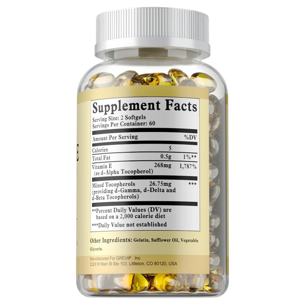GREVIP Vitamin E Softgels support immune system health and skin nutrition.
