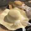 Women's Wavy Edge Lace Bow Large Brim Straw Beach Hat