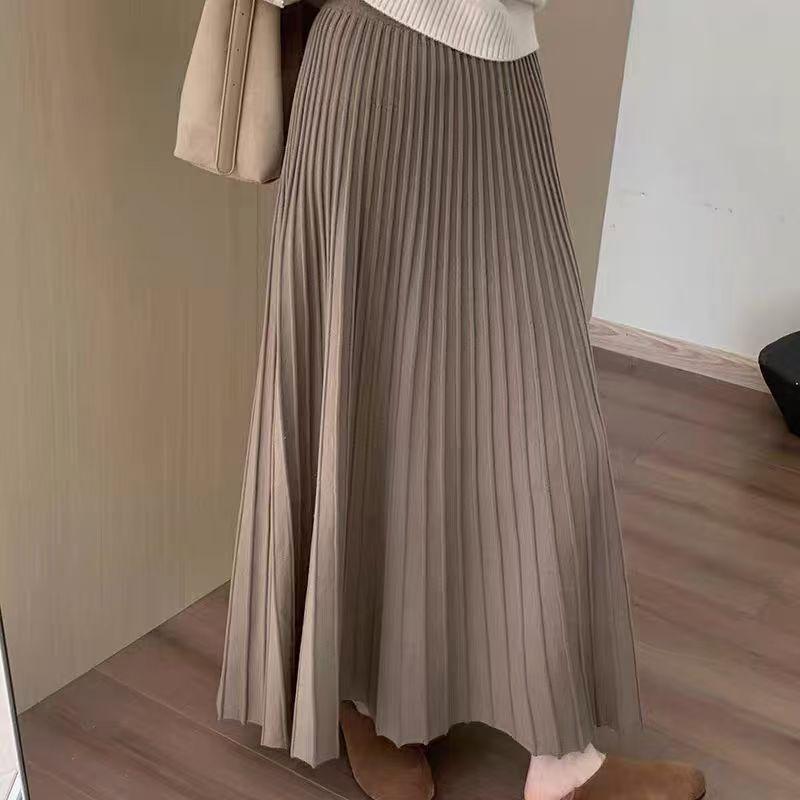 Korean Style High-Waisted Pleated Knit Midi Skirt: Elegant, Versatile, and Soft for a Casual Ladylike Look