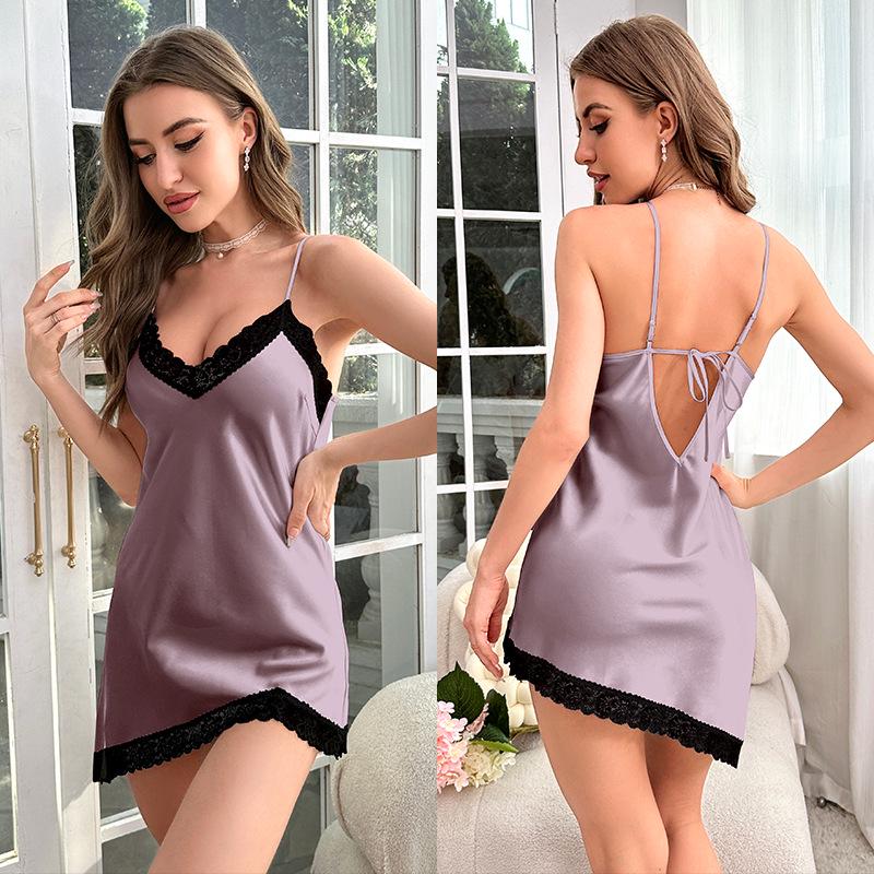 Yaoting Damen Sommer Eis Seide Rückenfreies Camisole Nachthemd 3154