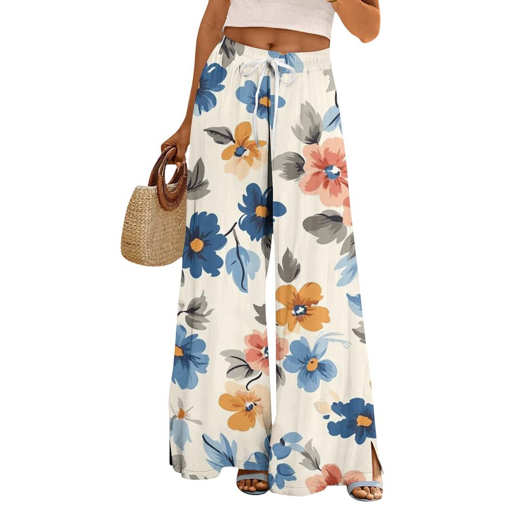 Dámské potištěné kalhoty s širokými nohavicemi s kapsami Vysoký pas Stahovací šňůrka Volné ležérní kalhoty