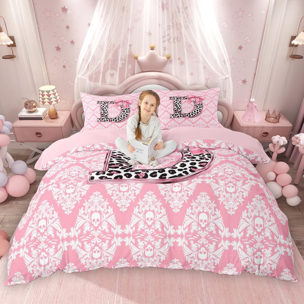Homewish Girls Pink Duvet Cover Set Leopard Print Initial Bedding Set Bohemian Paisley Bowknot Comforter Cover Set