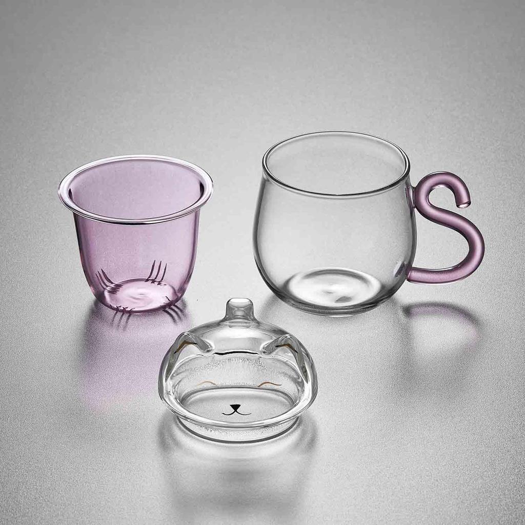Pokaro Tea Glass Tea Cute Mysterious Cat Dishwasher and Microwave Perfect for Tea and with Handle Perfect for and 486ml Full Capacity Heat-Resistant