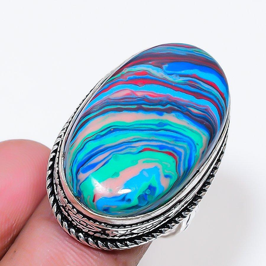 Natural Rainbow Calsilica Gemstone 925 Sterling Silver Jewelry Ring Size 9 AR-18649