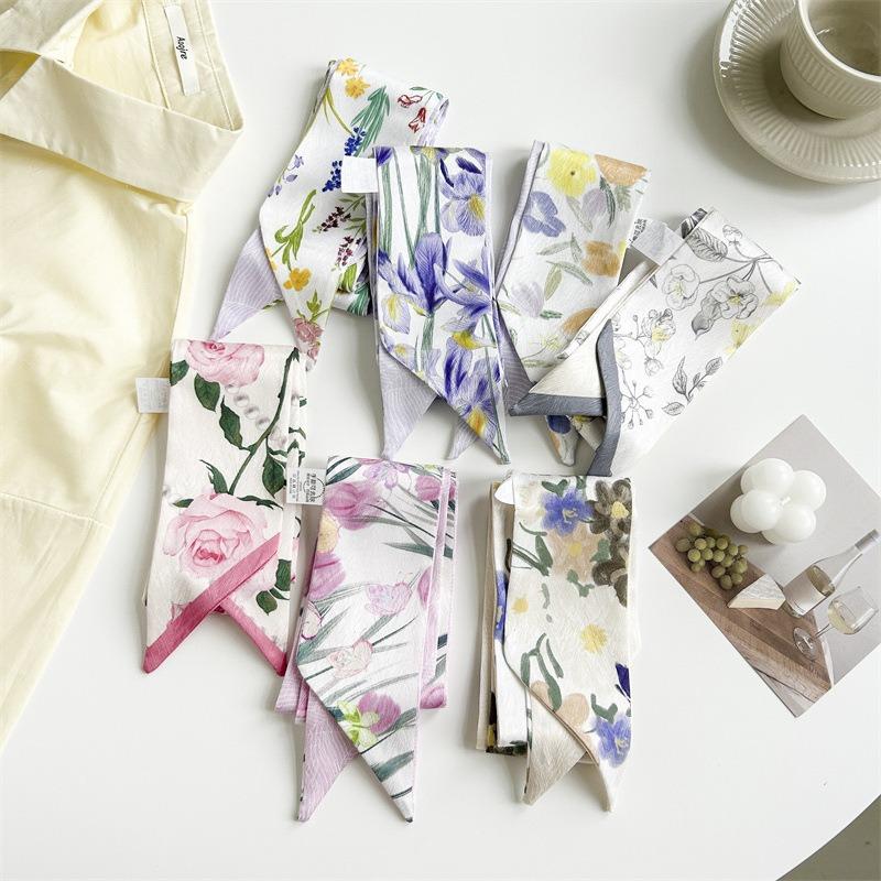 Spring Flower Print Silk Scarf Women's Versatile Long Strip Narrow Silk Scarf Pastoral Art Diagonal Streamer Tied Bag Ribbon