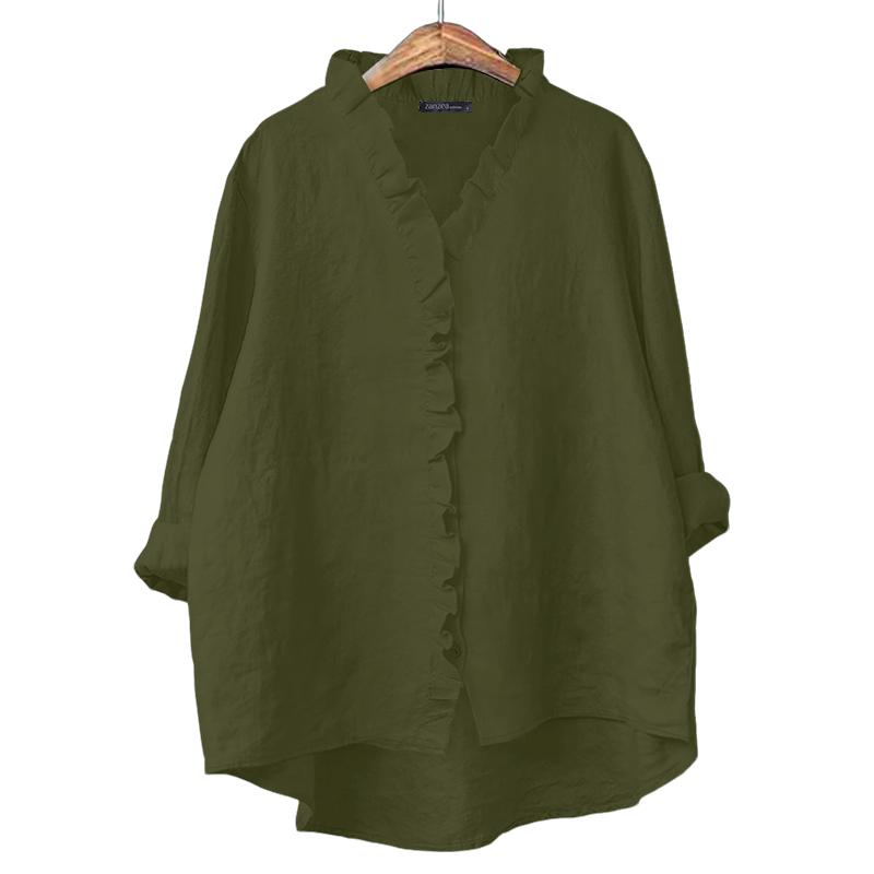 

ZANZEA Women Casual V-Neck Solid Color Loose Long Sleeve Cotton Blouse M зелёный