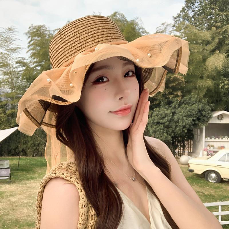 Straw Sun Hat With Wide Brim And Pearl Bow For Summer Beach Vacation
