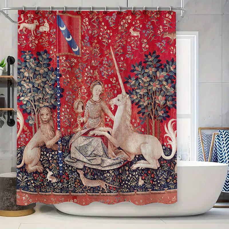 Jmg Household Supplies Red Floral Curtain With Medieval Tapestry Design For Bathroom Decor – Luxury Unicorn Bath Rug Shower Curtain Waterproof Home Dec