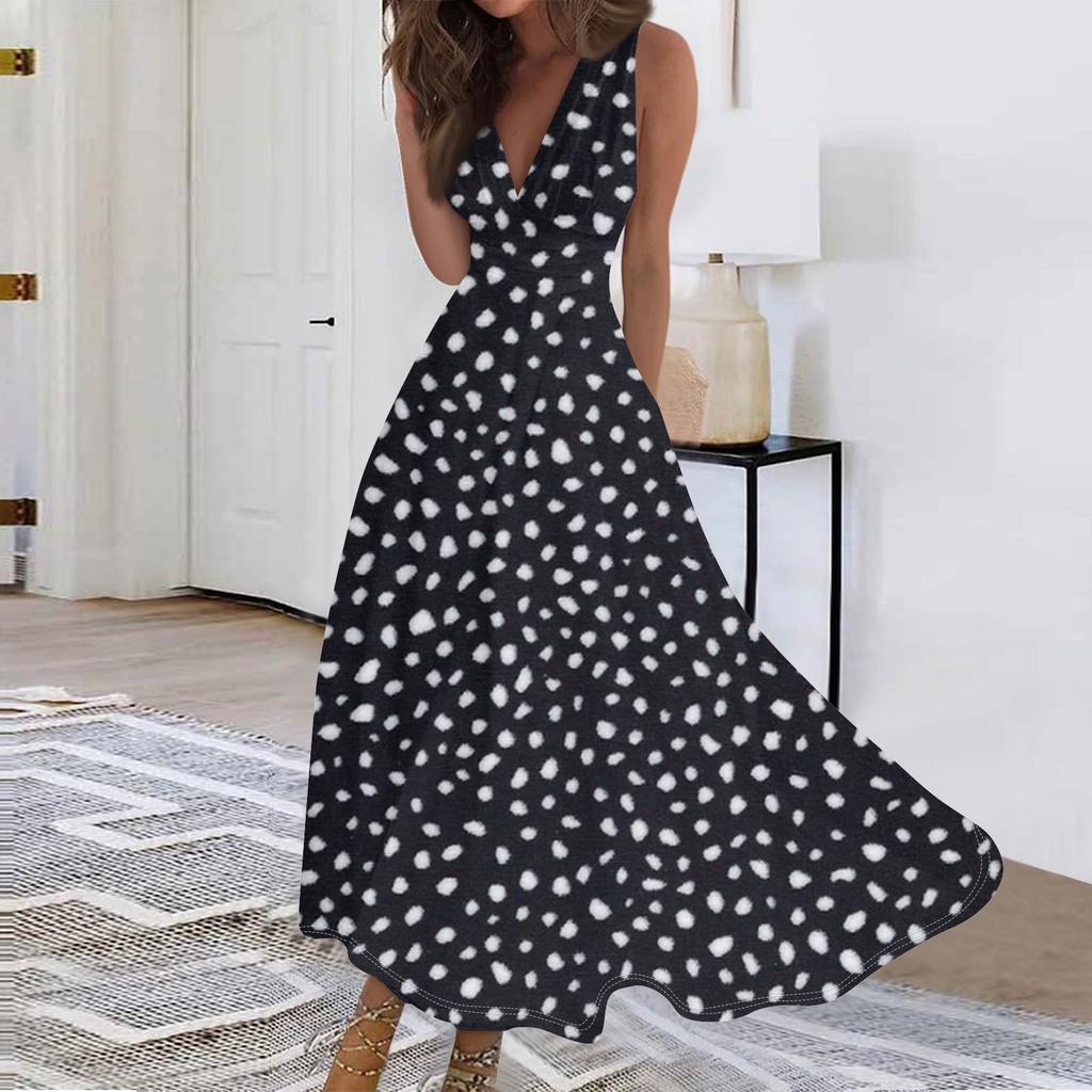Women's Fashion Casual Loose V-Neck Sleeveless Printed Dresses