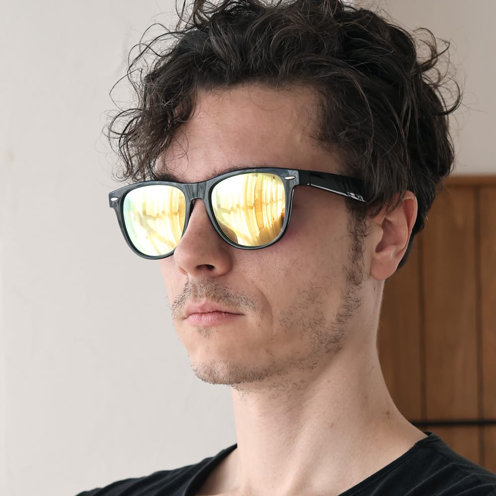 [FashionBerry] 2. Black x Yellow Mirror Sunglasses for Men, Wellington Style, 99% UV Protection, Lightweight Frame, UV Protection, Sports, Driving,