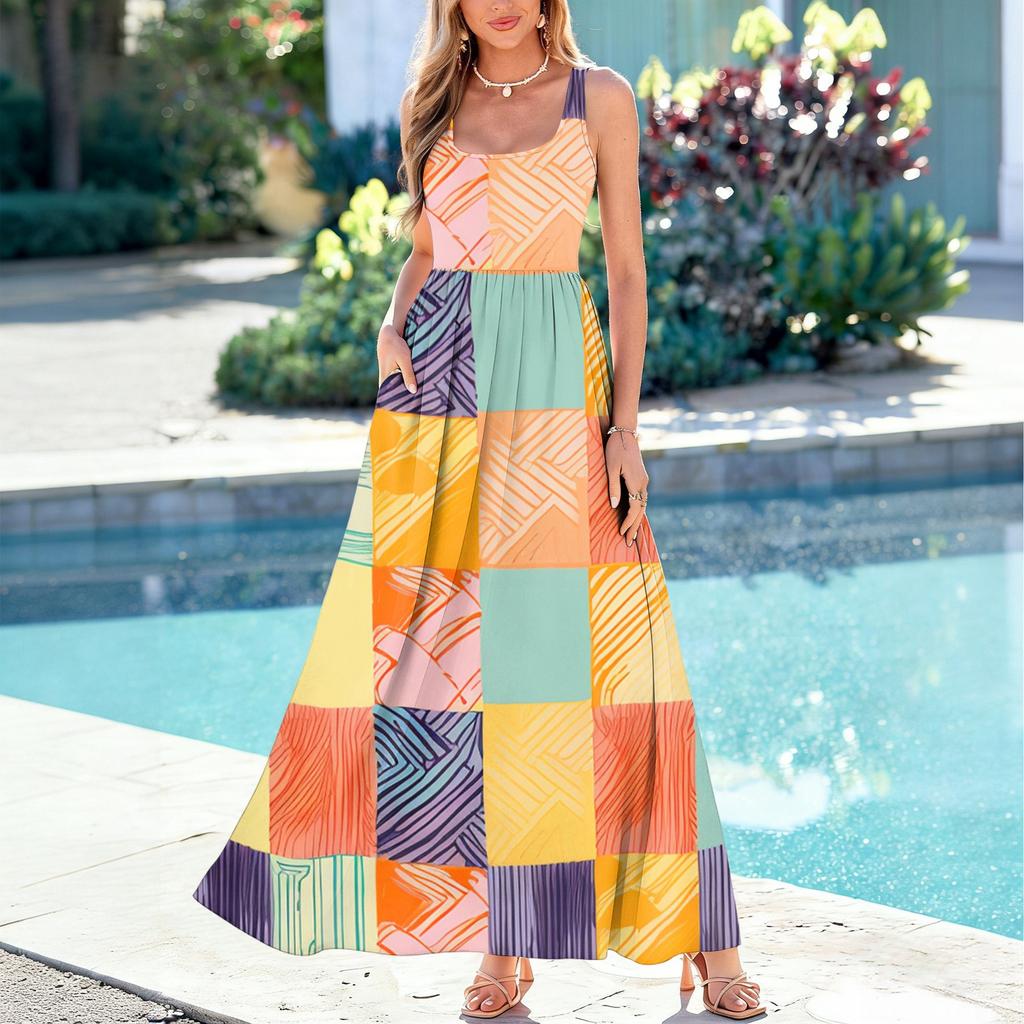 Ladies' Floral Print Summer Casual and Fashionable Sleeveless Long Dress