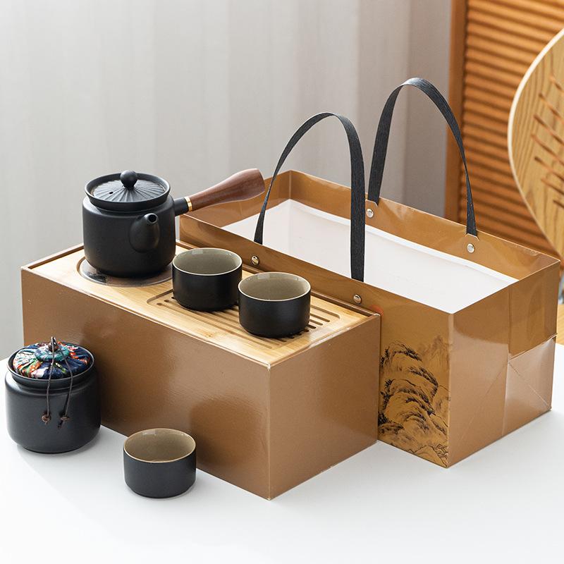 Coarse Pottery Kung Fu Tea Set Office Ceramic Side Handle Pot Wooden Handle with Tea Tray Tea Can Storage Gift