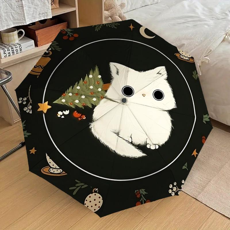 1PC cat, Christmas Automatic Open/Close Umbrella with Windproof, 8-Rib Sturdy Canopy, Durable Ribs, Fashionable Design, Outdoor Accessory, Fun Prin, H