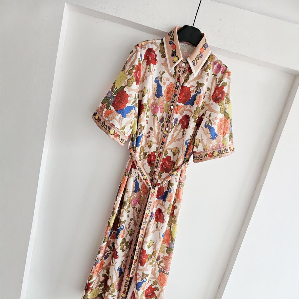 Exotic Temperament Floral Linen Shirt Skirt Girl, Summer Positioning Printed Dress Vacation Socialite Long Dress