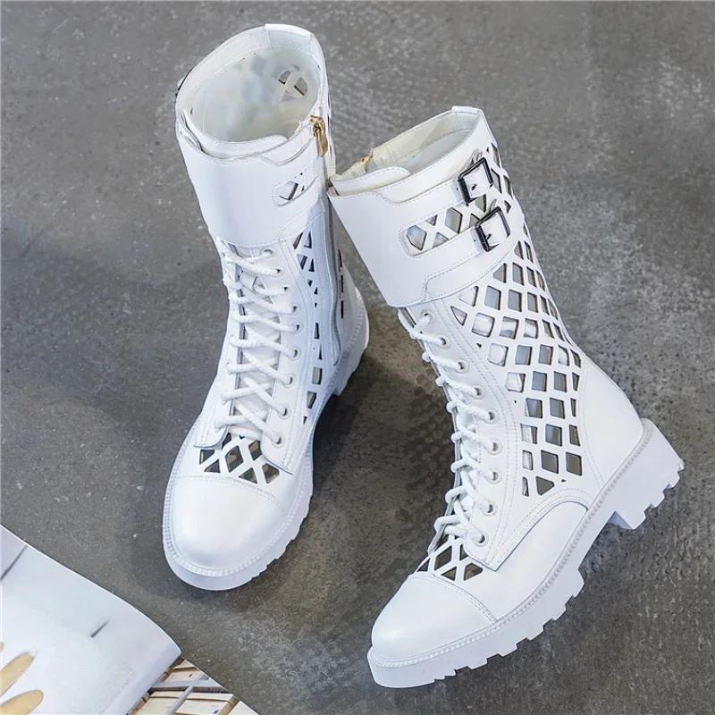 Fashion Summer Hollow Black Mesh Cool Boots female New Mid Heel Large Cool Boots European American Sandals Women platform heels