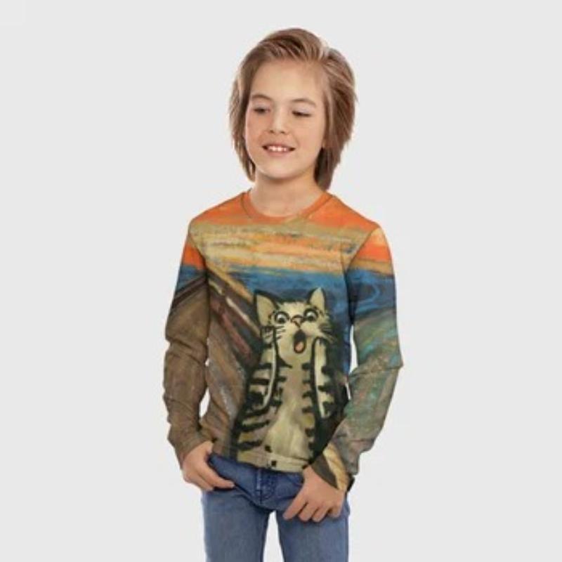 Children's Cartoon Fox Kitten Printed Animal T-shirt Boys Cute Long Sleeved Soft Comfortable Top