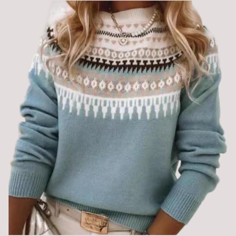 Women s Knitted Sweater O-Neck Long Sleeve Printed Warm Pullover Jumpers S синий