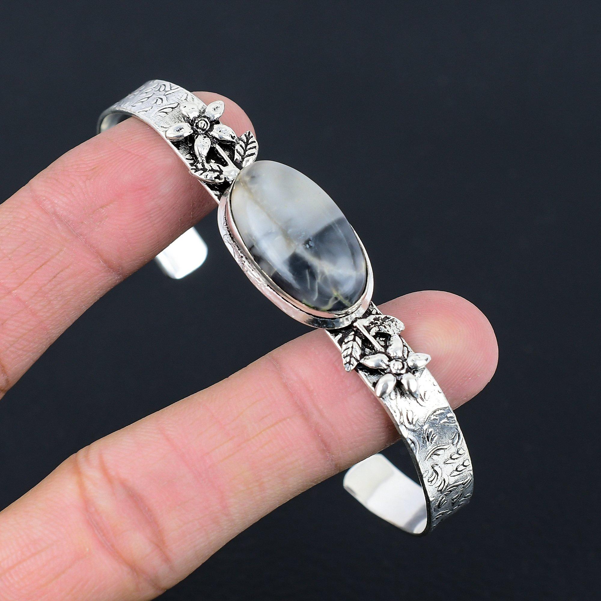 

Daughters Day Deal Sterling Silver Fume Agate Gemstone Flower Bangle Bracelet Adjustable