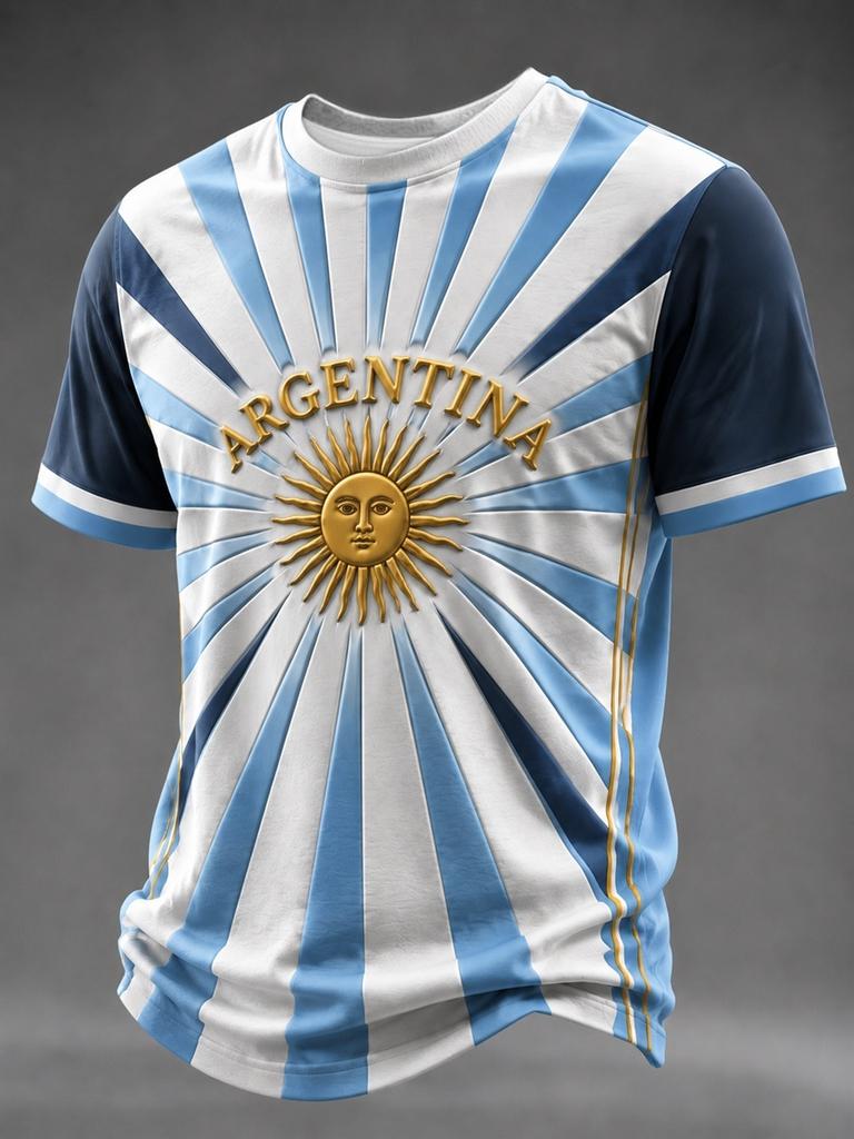 2026 Camiseta de Fútbol para Aficionados de la Selección Argentina Rayas Azules y Blancas Sol 3D Secado Rápido Deportiva Casual Camiseta para Hombre
