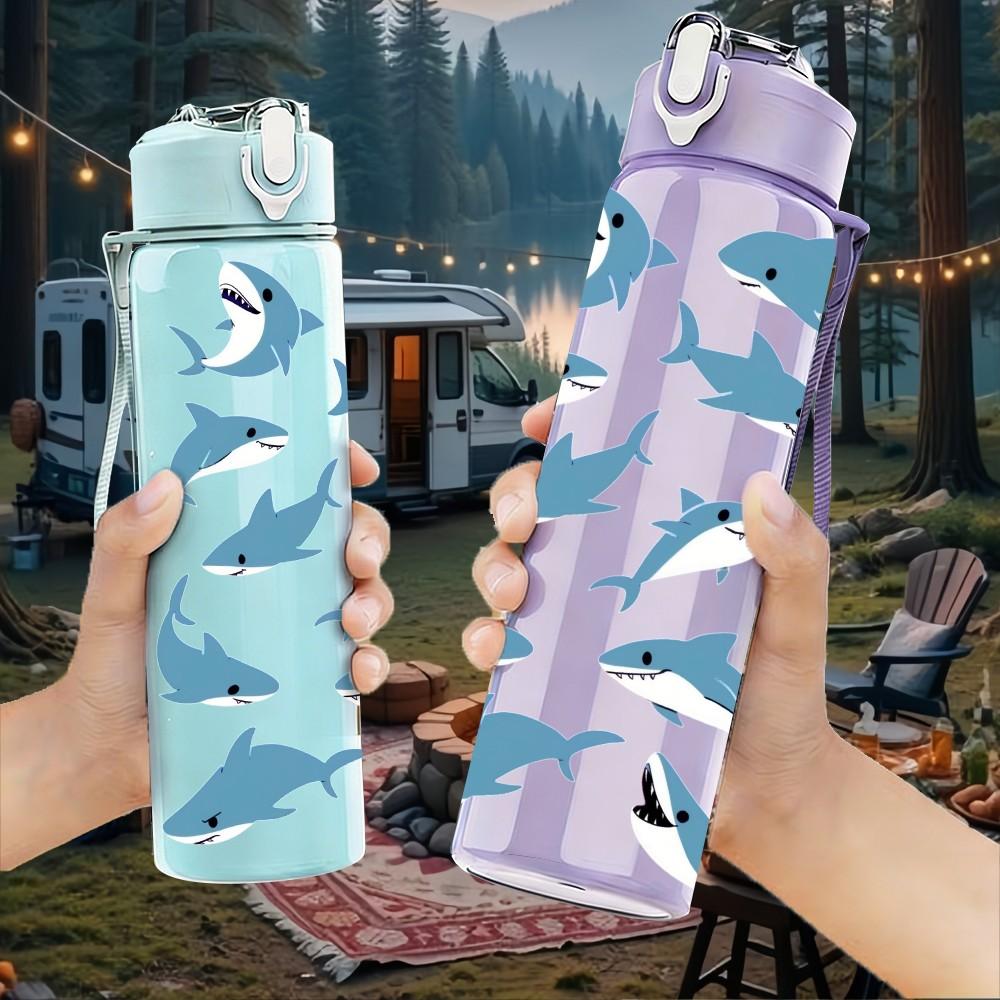 1PC Group Shark Swimming Ocean Animal Print 750ml Color Plastic Sports Water Bottle Leakproof Flip Straw Lid Suitable for Sports Office Home Use