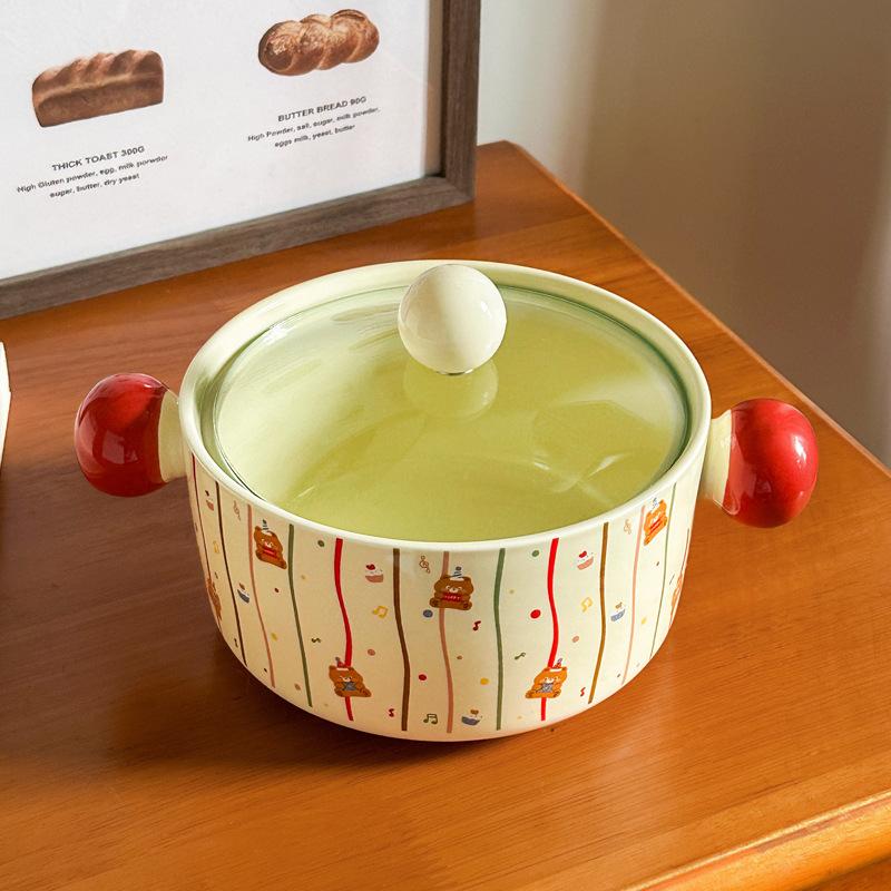 ins cartoon polka dot instant noodle bowl with lid student dormitory snail powder bowl binaural ceramic soup bowl high-value tableware