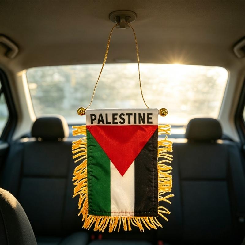 Suction Cup Palestine Glass Flag Pennant, Double Sided Smooth Fabric Decoration With Gold Fringe for Car Glass or Indoor Display Ready