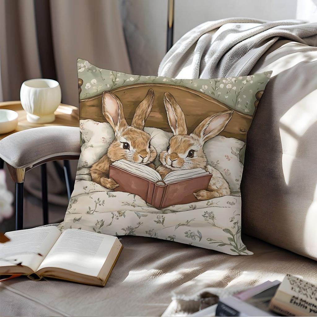 1Pc Vintage Rabbit Reading Together Themed Printed Throw Pillow Cover, Suitable For Sofa, Bedroom, Living Room, Study Room