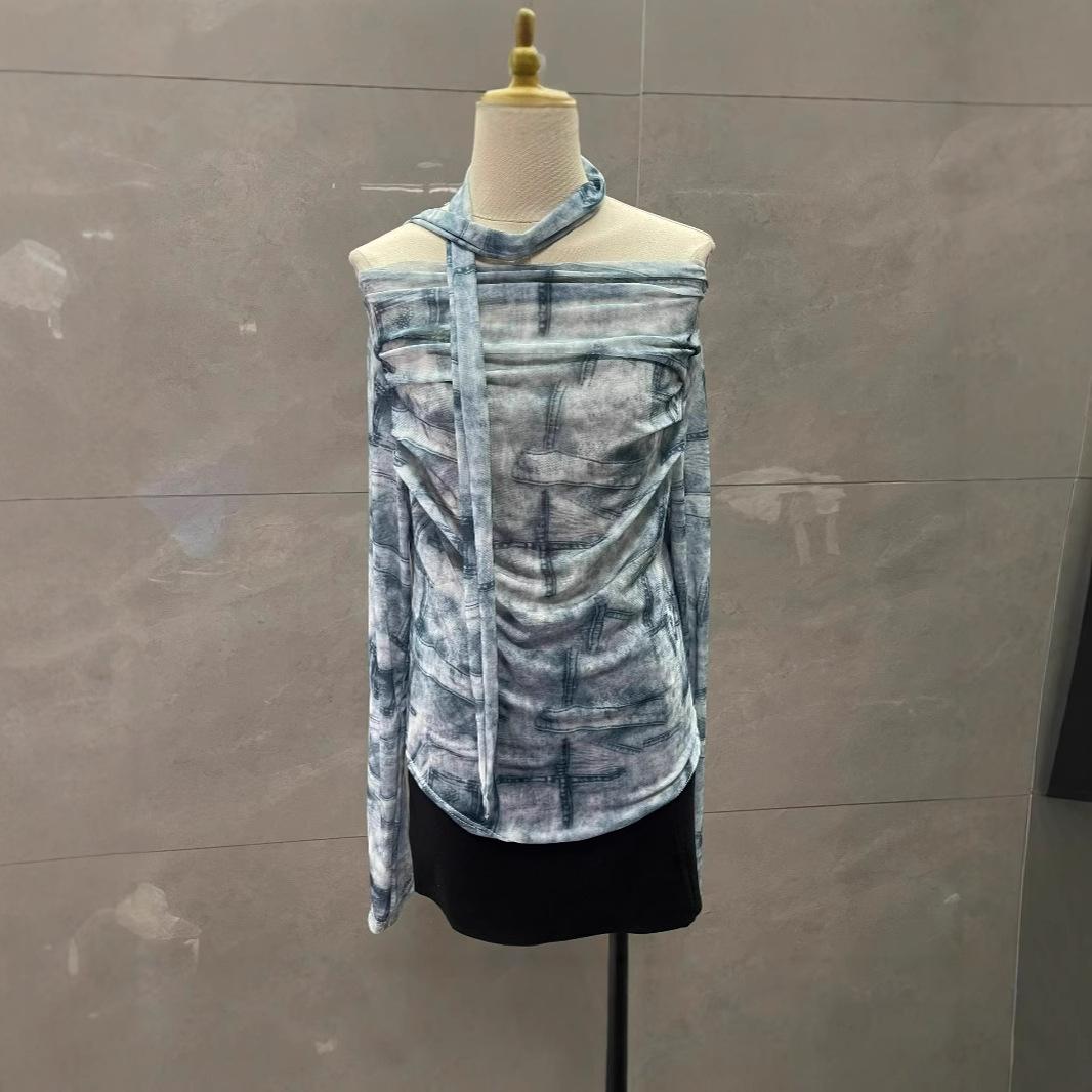 

Women s Spring Tie-Dye Ruched Off-Shoulder Slim Fit Mesh Top L (approx. 115 lbs)