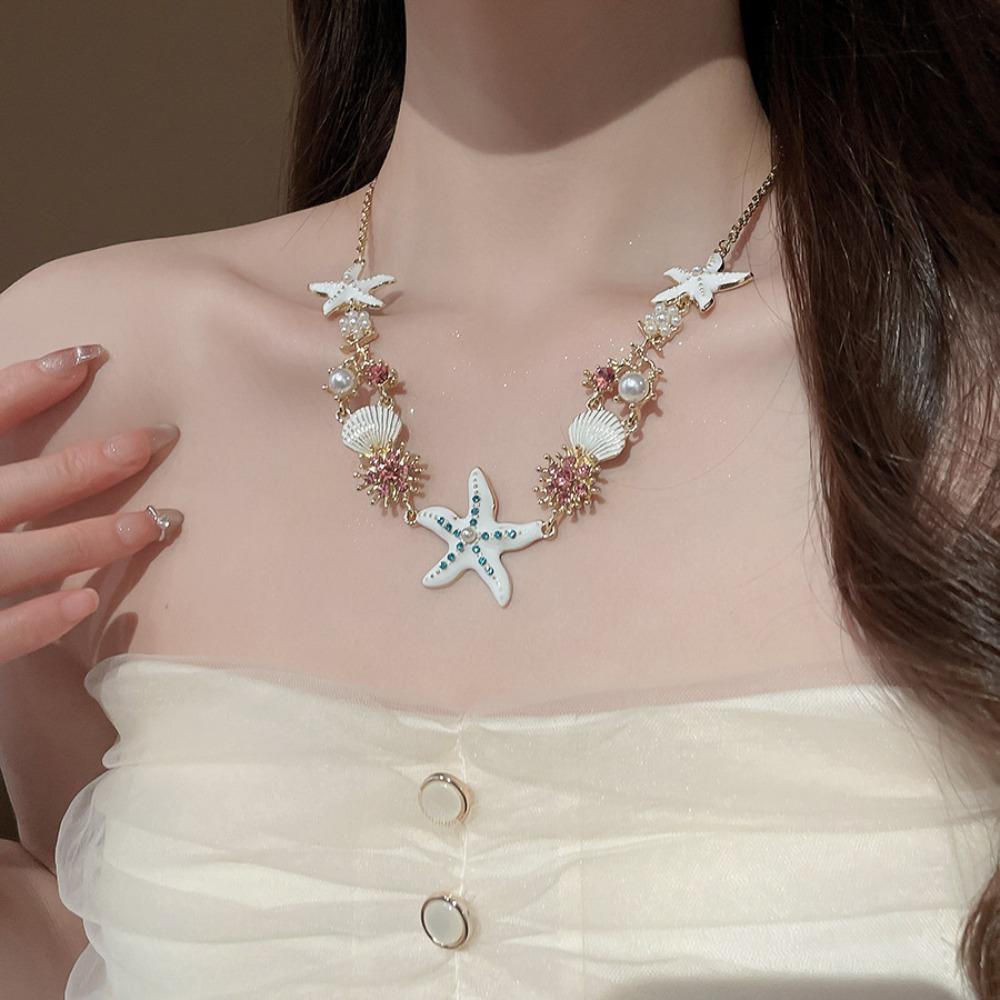 Sea Series Shell Starfish Necklace Zinc Zinc Alloy Rhinestone Pearl Starfish Beach Bracelet  Vacation